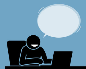 Man is feeling satisfied using his laptop. He is feeling happy and smiling at the computer screen while saying something with the bubble speech. 