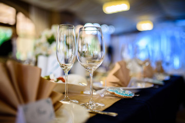 Wine glasses on the holiday table.