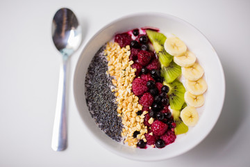 bowl of yogurt with fruits and seeds