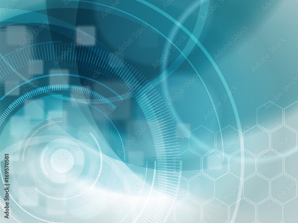 Wall mural blue abstract background with hexagons, circles, tech shape design and blurred squares. background w