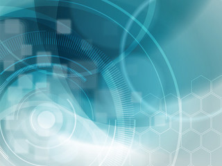 Blue abstract background with hexagons, circles, tech shape design and blurred squares. Background with concept of technology, communication, innovation and new business and startup.