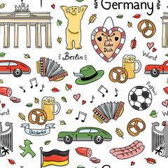 Germany symbols vector seamless pattern. Background with cute hand drawn Germany elements © redchocolatte