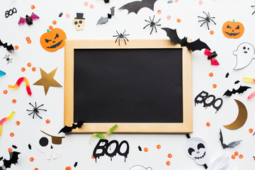 blank chalkboard and halloween party decorations