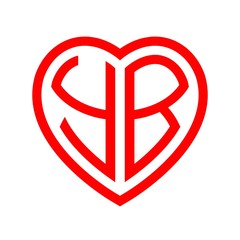 initial letters logo yb red monogram heart love shape