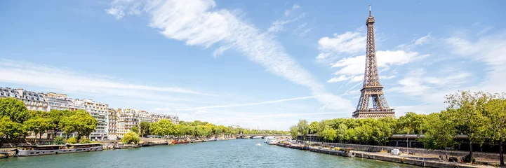 Poster de jardin Paris Vue panoramique du paysage sur la tour Eiffel et la Seine pendant la journée ensoleillée à Paris
