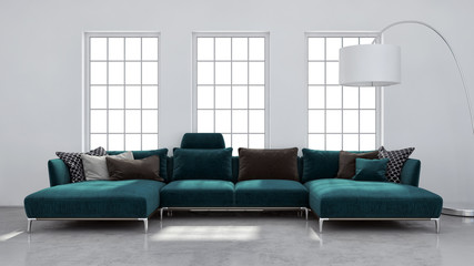 Modern bright living room, white wall. 3D rendering