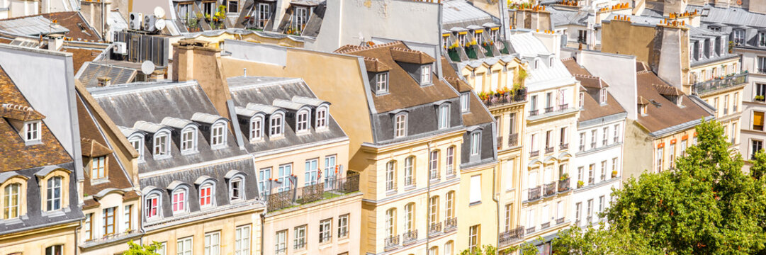 Aerial panoramic view on the beautiful old buildings in Paris