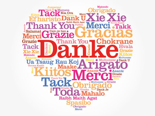 Danke (Thank You in German) Love Heart Word Cloud in different languages, concept background