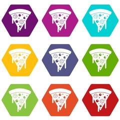 Slice of pizza with salami, melted cheese icon set color hexahedron