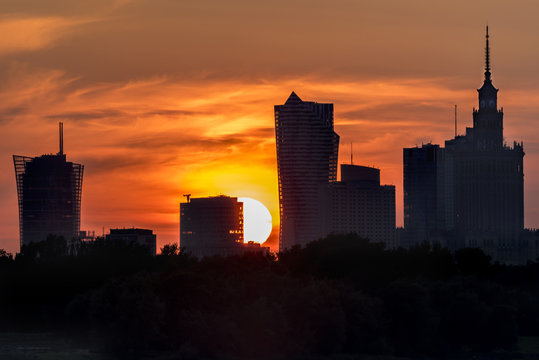 Burning sky during sunset over Warsaw