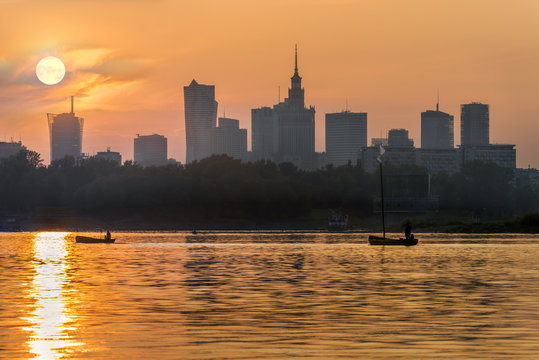 Sunset over Warsaw city  and Vistula river