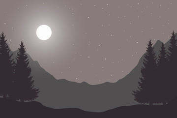 Vector flat vintage illustration of a panoramic night mountain landscape with a wood under the sky with moon and stars