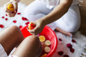 Legs in water of fruits