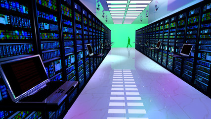 Creative business web telecommunication, internet technology connection, cloud computing and networking connectivity concept: terminal monitor in server room with server racks in datacenter. 3D render - obrazy, fototapety, plakaty