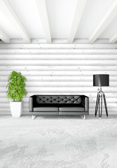 White bedroom minimal style Interior design with wood wall and dark sofa. 3D Rendering. 3D illustration