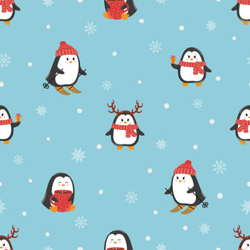 Cute cartoon penguins seamless pattern. Merry Christmas and Happy New Year greetings. Vector holiday background.