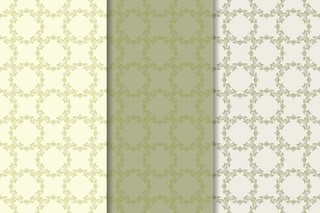 Set of floral ornaments. Olive green vertical seamless patterns