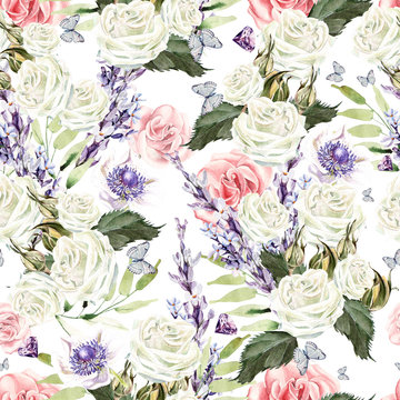 Bright watercolor seamless pattern with flowers roses, anemones and  lavender. Illustration