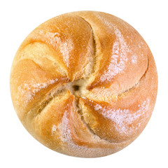 Freshly baked loaf of traditional austrian round bread "Kaisersemmel" isolated on a white background. Design element for bakery product label, catalog print, web use. Top view.
