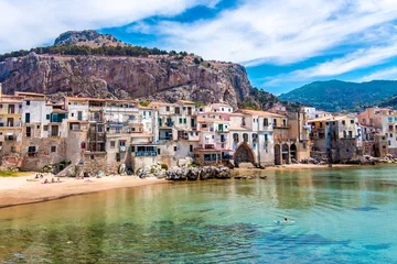 Papier Peint photo autocollant Palerme Vue de Cefalu, ville sur la mer en Sicile, Italie