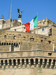 Detail of the Museo Nazionale di Castel Sant'Angelo with the Italian flag (Rome, Italy)