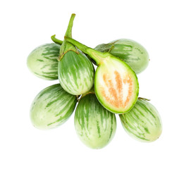 A Half and whole fresh green eggplants isolated on white background, Top view.