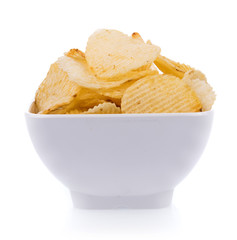 potato chips in bowl  isolated on white background