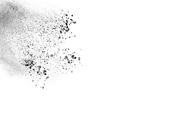 The particles of charcoal splatted on white background.