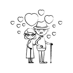 blurred silhouette of caricature full body elderly couple embraced with floating hearts grandfather with hat in walking stick and grandmother with short hair
