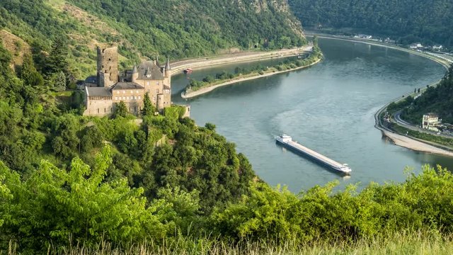 Castle Katz and Loreley at the river Rhine -time lapse