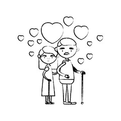 blurred silhouette of caricature full body elderly couple embraced with floating hearts grandfather with moustache in walking stick and grandmother with straight hair