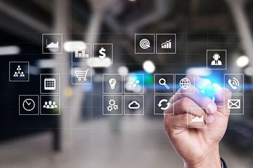 Virtual screen interface with applications icons. APPS. Work Business process in modern office. Strategy planning  Internet technology concept.