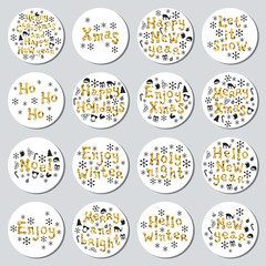 Christmas New Year golden gift round stickers. Labels xmas set. Hand drawn glitter decorative element. Collection of shiny holiday christmas stickers. Vector illustration. Lettering, calligraphy.