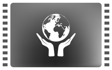 Flat paper cut style icon of two hands holding Earth