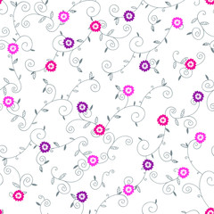 Abstract vector seamless pattern of gray twisted tendrils with leaves and pink flowers