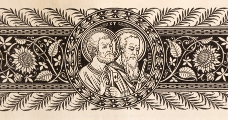 BRATISLAVA, SLOVAKIA, NOVEMBER - 21, 2016: The lithography of St. Peter and Paul in Missale Romanum by unknown artist with initials F.M.S (19. cent.) and printed by Typis Friderici Pustet. - obrazy, fototapety, plakaty