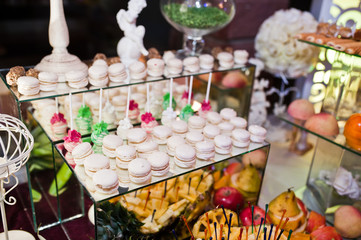 Huge variety of delicious and colorful meals on wedding banquet.