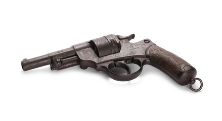 Old rusty Belgian Great War revolver, Nagant M1873, pistol isolated on white background