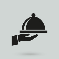 Fototapeta premium Meal tray on hand icon simple cooking sign vector illustration