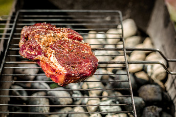 Hot spicy steak grilling on a summer barbecue over the hot coals garnished.