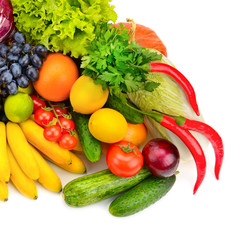Big collection of fruits and vegetables isolated on white background.