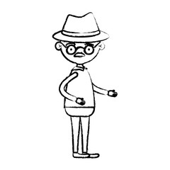 blurred silhouette of full body elderly man in clothes with moustache and hat with glasses