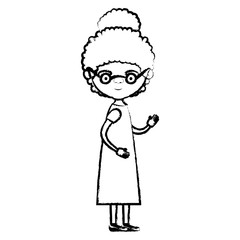 blurred silhouette of full body elderly woman in dress with curly collected hairstyle and glasses