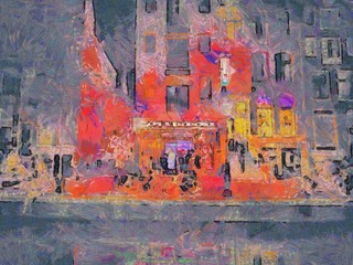 Red light district at night in Amsterdam. Oil painting picture. Red light street from the inside. Good for postcards, posters, web design. Hand drawn painted on canvas artwork. 