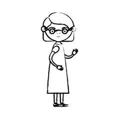 blurred silhouette of full body elderly woman in dress with short hairstyle and glasses