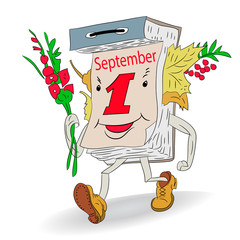 Autumn illustration, Cheerful tear-off calendar (September 1), cartoon on a white background.