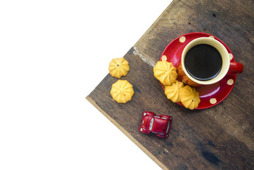 isolated of coffee with cookies on wood table