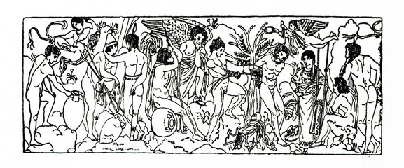 Fototapeta na wymiar Argonauts in Bithynia (Polydeuces binding king Amykos to the tree, next to Amykos is standing Athena)