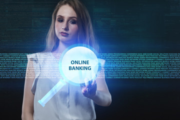 The concept of business, technology, the Internet and the network. A young entrepreneur working on a virtual screen of the future and sees the inscription: Online banking