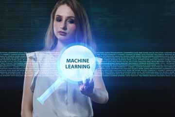 The concept of business, technology, the Internet and the network. A young entrepreneur working on a virtual screen of the future and sees the inscription: Machine learning